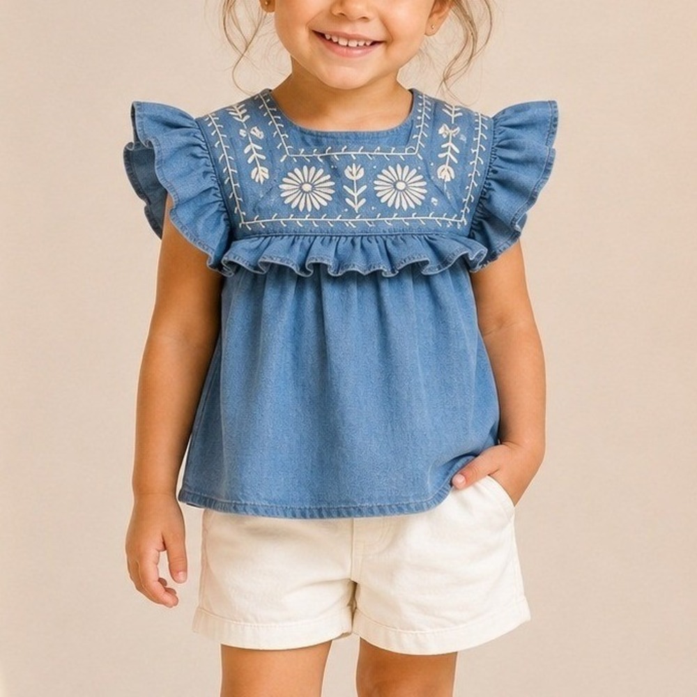 Crewcuts Ruffle Trim Chambray Top Embroidered Floral Travel Blue AN539 4T EUC
